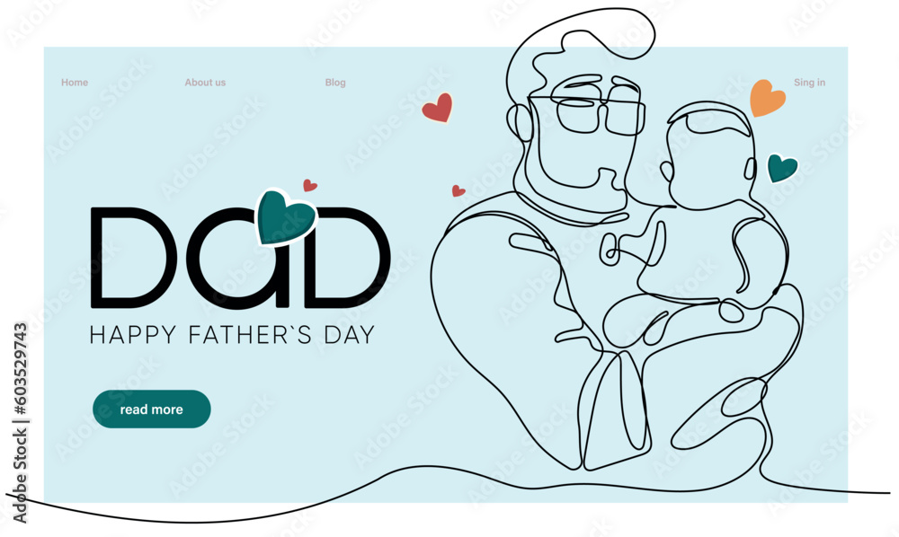 Hugs of a father with a child. One continuous line drawing banner, background, poster with family embrace. Happy Father Day simple vector illustration of child and father. Vector illustration - obrazy, fototapety, plakaty 