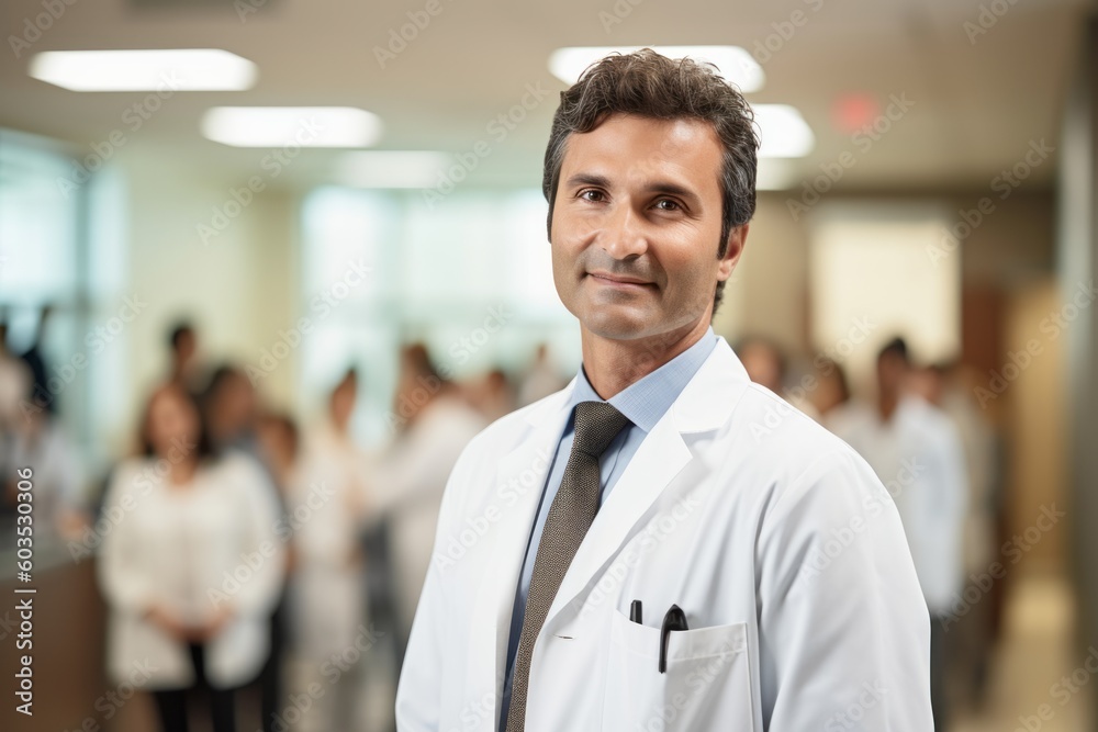 Φωτογραφία Portrait of a doctor standing in a hospital corridor with colleagues in the back