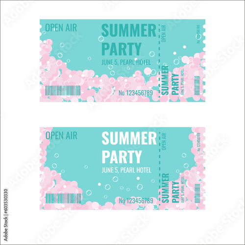 A ticket template for a summer party. Invitation to a foam party. Horizontal colorful layout design for events, web banners, posters. Vector illustration.
