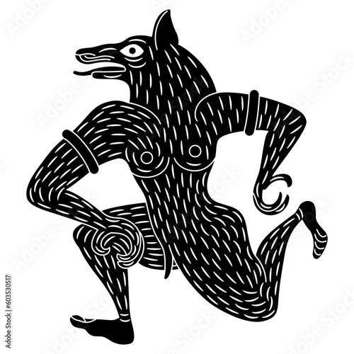 Fantastic wolf man. Ancient Etruscan animal design. Vase painting style. Black and white negative silhouette.