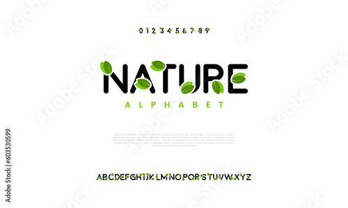 Nature leaf green forest abstract digital technology logo font alphabet. Minimal modern urban fonts for logo, brand etc. Typography typeface uppercase lowercase and number. vector illustration