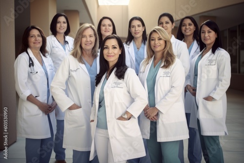 Portrait of medical team standing together in corridor of hospital with arms crossed