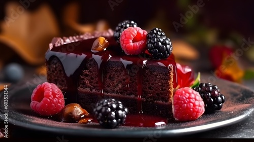 A piece of decadent chocolate cake with fresh berries and ganache. Generative AI