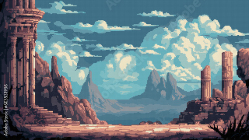 Fotografia pixel art game level background, 8 bit, landscape, arcade video game, pixelated