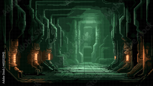 pixel art game level background, 8 bit, dungeon, underground arcade video game, catacomb, dark scene, alien ship interior, vector illustration