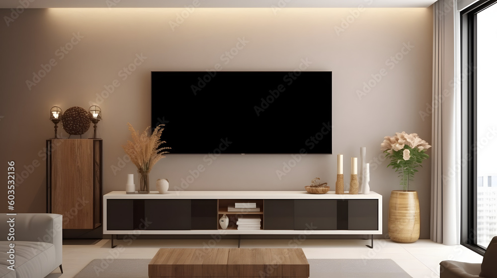 Smart TV on the cream color wall in living room,minimal design. Smart TV on the cream color wall in living room,minimal design.