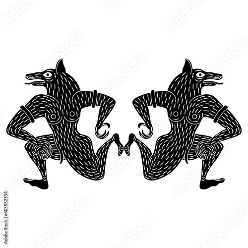 Symmetrical animal design with two fantastic running wolf men. Ancient Etruscan vase painting motif. Black and white silhouette.