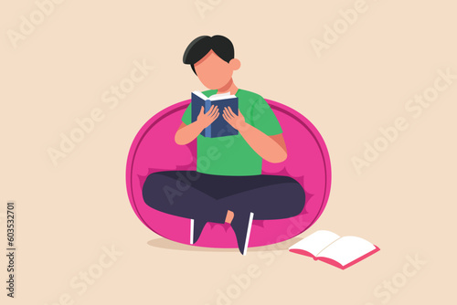Happy student reading book at leisure time. Book lovers concept. Colored flat vector illustration.