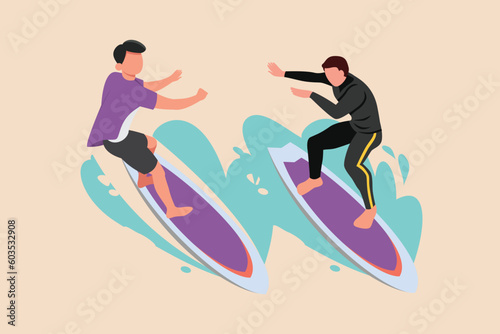 Happy boy surfing with trainer. Class it up concept. Flat vector illustration isolated.