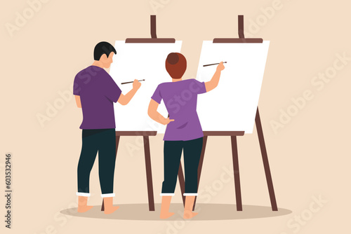 Happy couple painting class. Class it up concept. Flat vector illustration isolated.