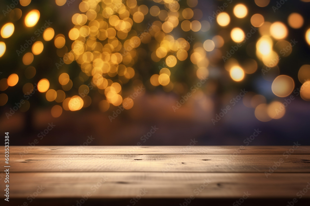 Wooden table with Christmas lights on a bokeh background. Wooden table with Christmas lights on a bokeh background.