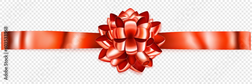 Beautiful red shiny bow with horizontal ribbon with shadow on transparent background