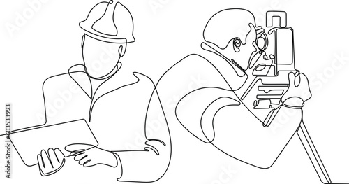 Close up of Caucasian worker with helmet on head using tablet for work while standing in warehouse. Surveyor with a tripod icon. Geodesic tripod. Vector illustration