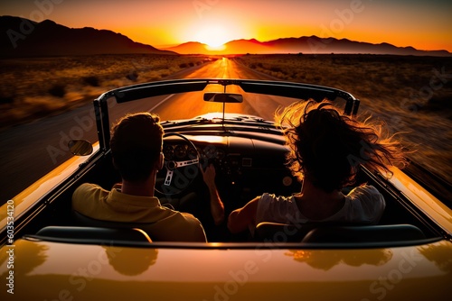 Young couple in love driving a luxury convertible at dusk on their expensive vacation Ai generated.