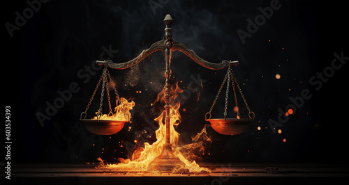 Justice scales on fire. Generative AI. photo