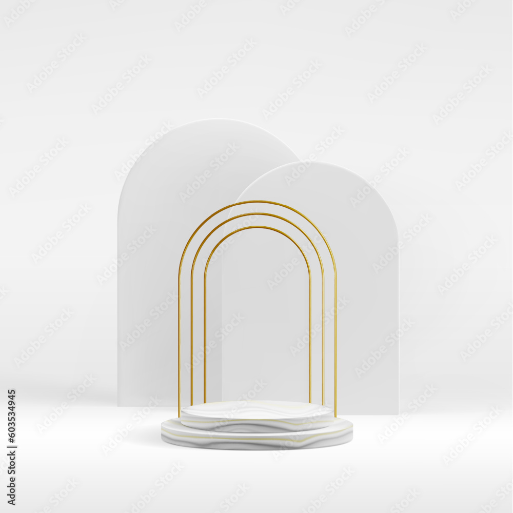 White marble podium steps on arches of concrete and thin golden wires. Shiny realistic cosmetic product mockup