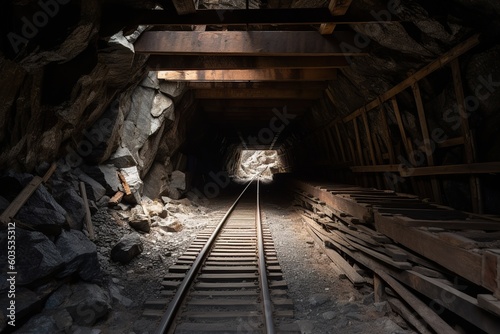 Mine tunnel inside view. Ai. Cave with railway photo