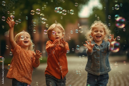 Children playing with bubbles. Generative AI