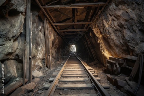 Mine tunnel inside view. Ai. Cave with railway