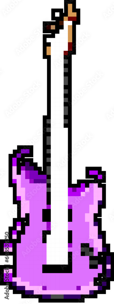 rock electric guitar game pixel art retro vector. bit bass instrument, metal concert rock electric guitar. old vintage illustration