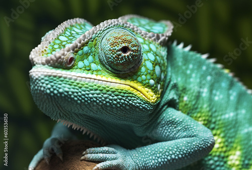 Green chameleon, close up view. Generative AI. photo