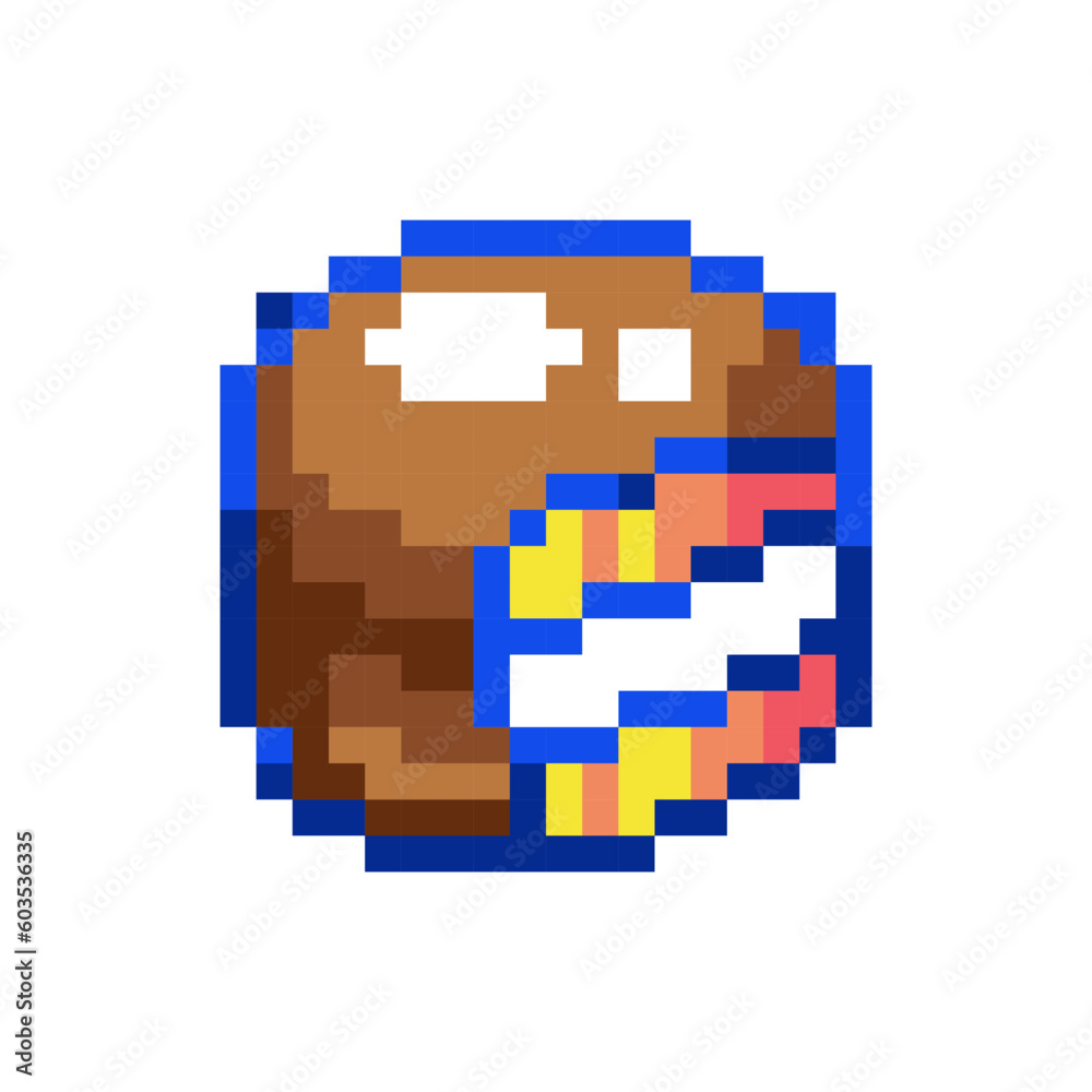 Pixel art chocolate pie sticker. 8bit retro game decorative icon of asian classic dessert snack - chocolate coated sandwich with marshmallow. Vector graphic for video game, stickers or gift prints. Pixel art chocolate pie sticker. 8bit retro game decorative icon of asian classic dessert snack - chocolate coated sandwich with marshmallow. Vector graphic for video game, stickers or gift prints.