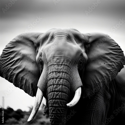 elephant face, gray background, good lighting, folded ivory, old, Generative AI