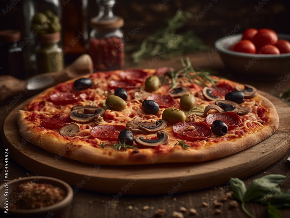 pizza with salami and olives