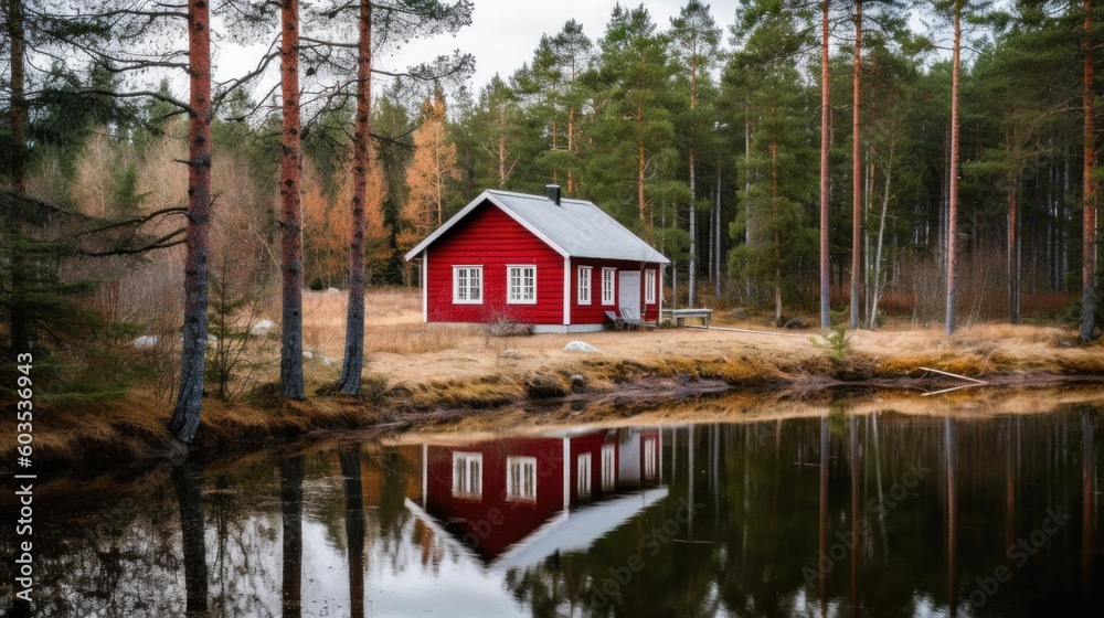 Fototapeta premium Idyllic Swedish house in summer scenery, Red cottage in pine forest. Generative AI.