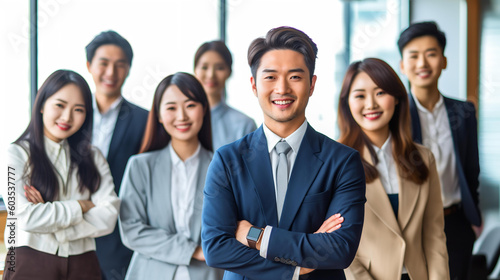 オフィスにいるスーツ姿のアジア人ビジネスマンとビジネスウーマンのチーム（Generative AI） 