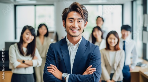 オフィスにいるスーツ姿のアジア人ビジネスマンとビジネスウーマンのチーム（Generative AI）
