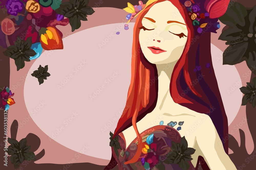 young woman with red hair enjoying colorful flowers, background with copy space young woman with red hair enjoying colorful flowers, background with copy space