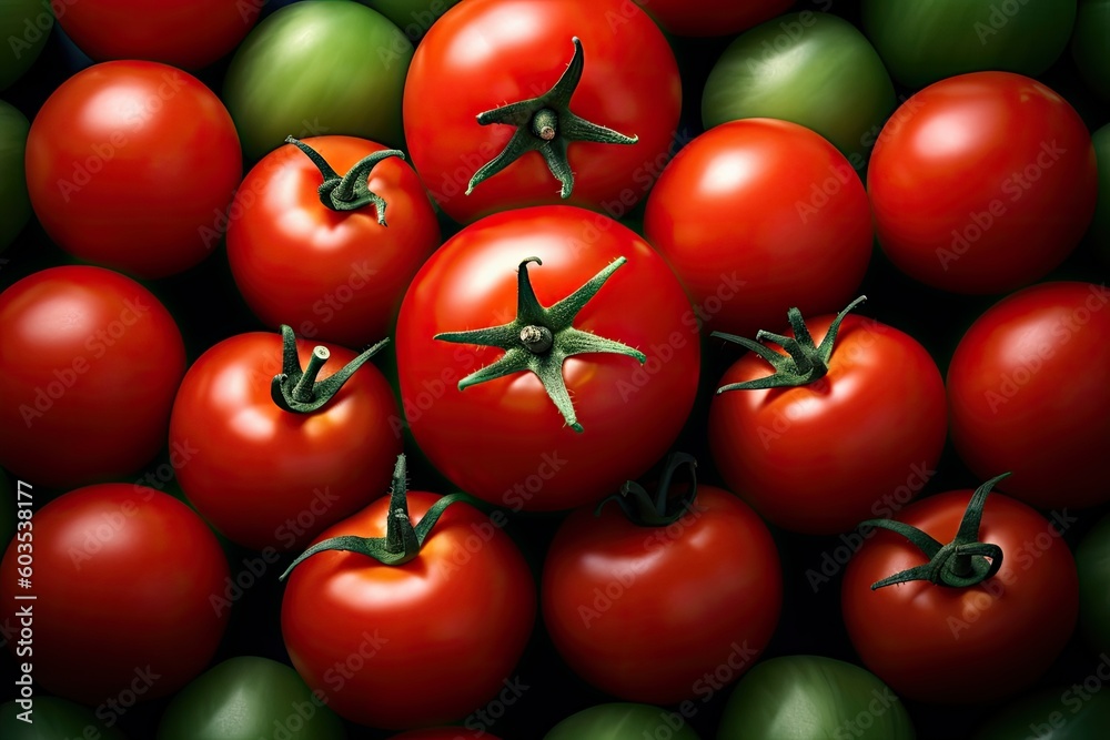 Tomatoes on a dark background, close-up, top view. Created with Generative AI tools Tomatoes on a dark background, close-up, top view. Created with Generative AI tools