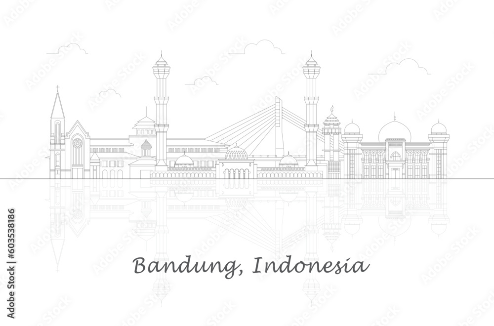 Outline Skyline panorama of city of Bandung, Indonesia - vector illustration