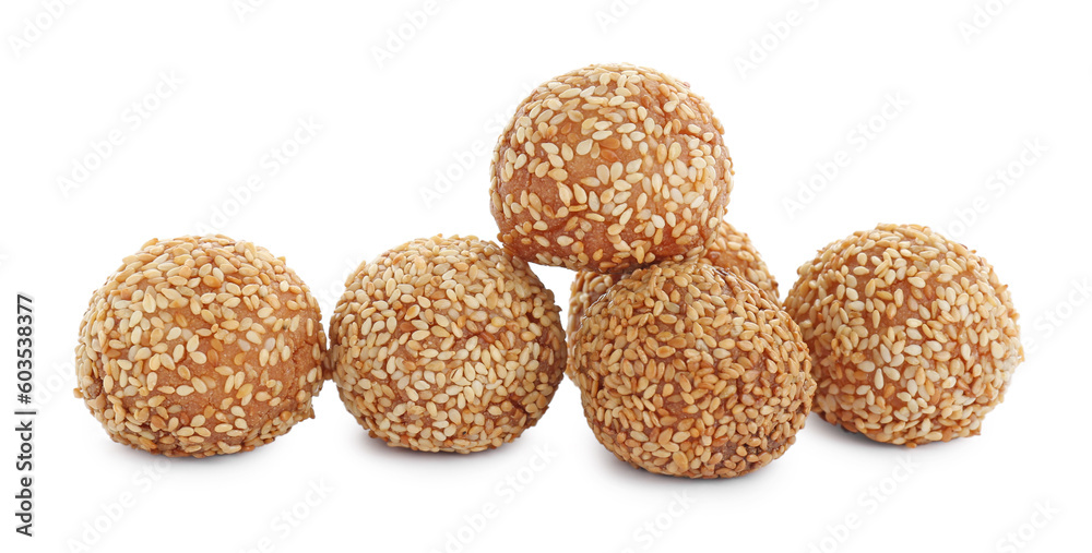 Many delicious sesame balls on white background Many delicious sesame balls on white background
