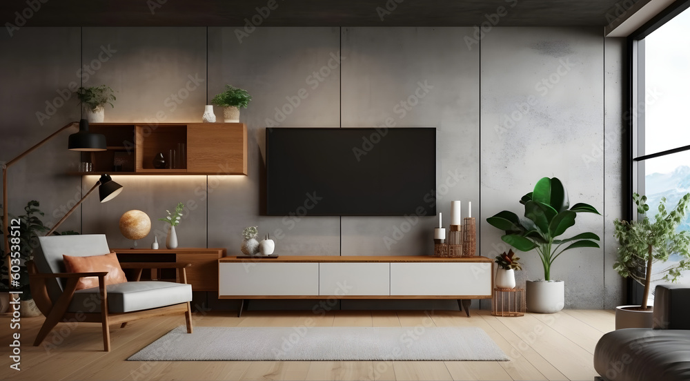 Wall mounted tv and wooden cabinet with gray armchair in modern living room the concrete wall. Wall mounted tv and wooden cabinet with gray armchair in modern living room the concrete wall.