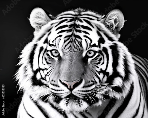 Tiger, large cat, carnivoran, staring, attentive, black background, grayscale, good lighting, Generative AI