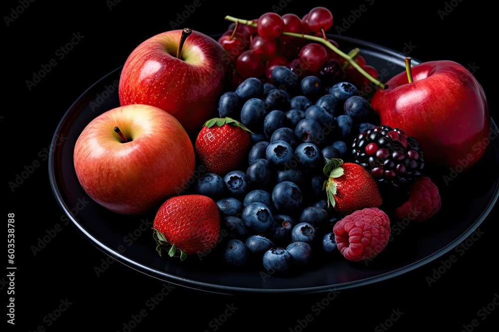 Fruits and berries in a plate on a black background. Healthy food. Created with Generative AI tools
