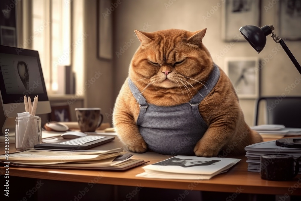 Portrait of a very beautiful plump fat cat in the office at work. AI generated, human enhanced Portrait of a very beautiful plump fat cat in the office at work. AI generated, human enhanced