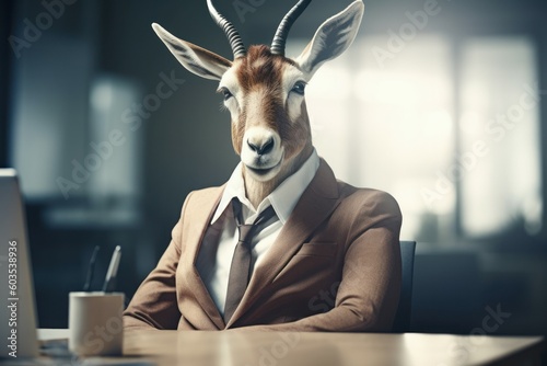 Anthropomorphic antelope dressed in a suit like a businessman. Business Concept. AI generated, human enhanced