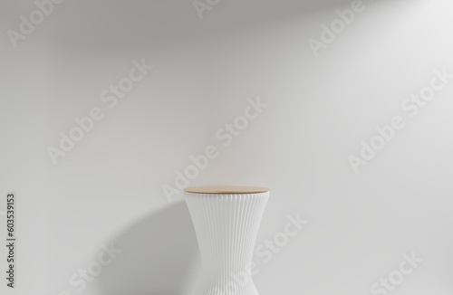 White empty podium or pedestal for product presentation. Golden top. 3d rendering
