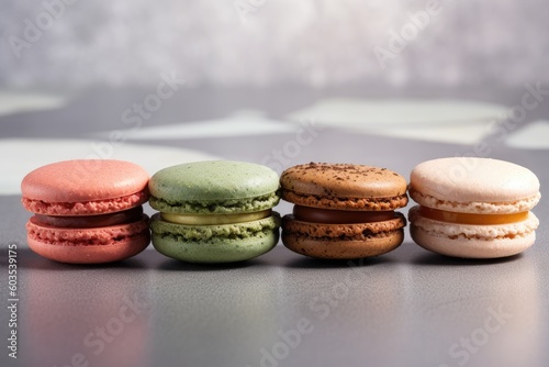Colorful macaroons on a gray background. Created with Generative AI tools