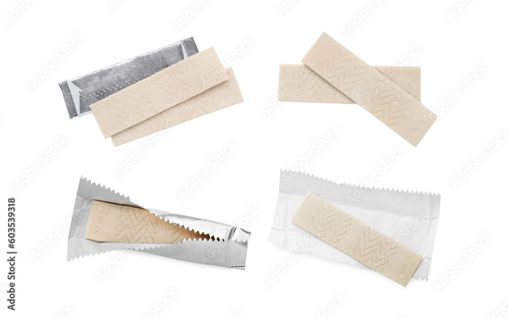 Collage with sticks of chewing gum on white background, top view Collage with sticks of chewing gum on white background, top view