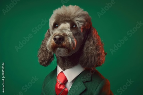 Anthropomorphic dog poodle dressed in a suit like a businessman. business concept. AI generated, human enhanced photo