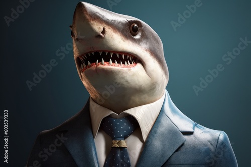 Anthropomorphic shark dressed in a suit like a businessman. Business Concept. AI generated  human enhanced