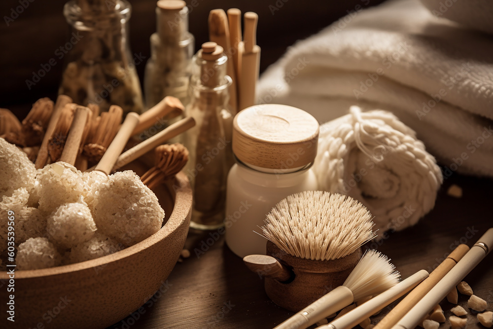 Wooden brushes, dry herbs, soft towels for massage and spa. Generative AI Wooden brushes, dry herbs, soft towels for massage and spa. Generative AI