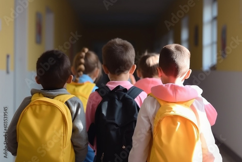 Group of children at school closeup, back view. Generative AI