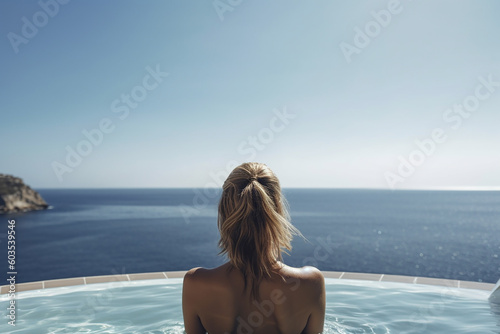 Young woman in a swimming-pool in front on a sea. Generative AI