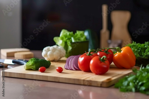 Vegetables on a cutting board in a kitchen. Generative AI