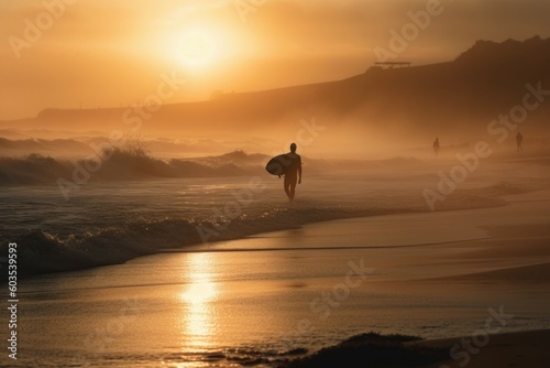 Silhouette of a surfer in the sea at dawn. AI generated, human enhanced